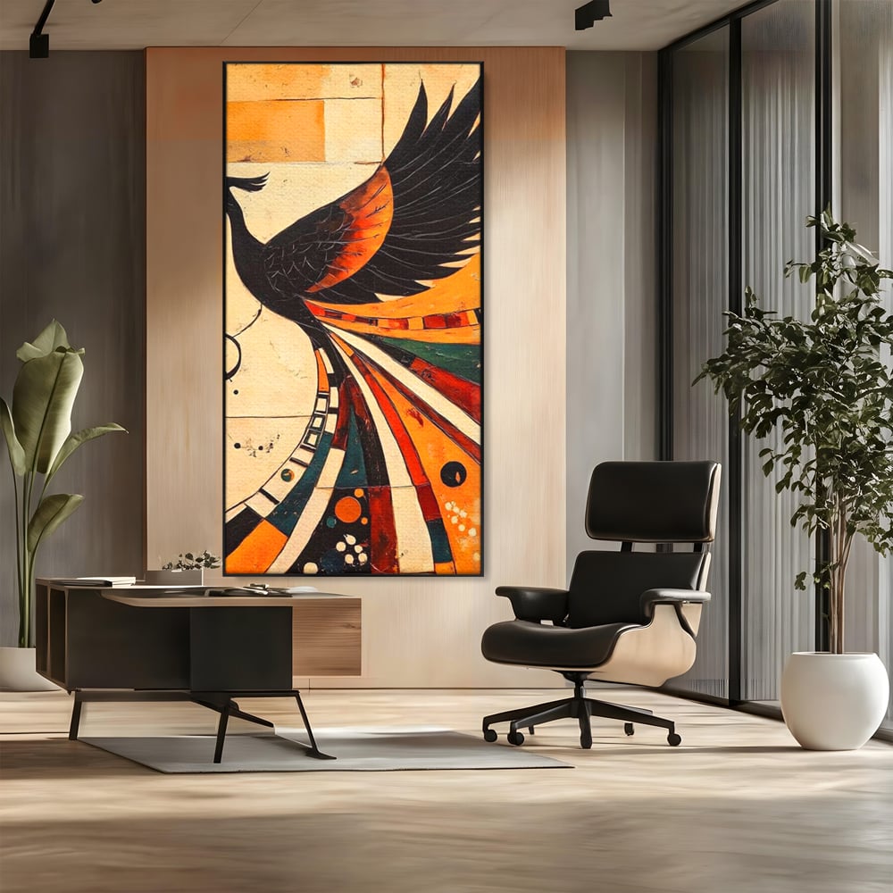 Tablou canvas cu tablou canvas cu pasar phoenix stilizata, in rama de aluminiu negru, pe perete intr-un birou